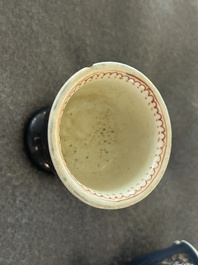 A pair of Chinese powder-blue stem cups with gilt decoration, Kangxi