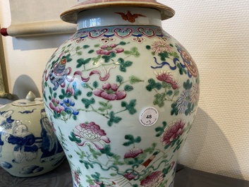 Three Chinese famille rose vases, a hat stand and a blue and white celadon-ground jar and cover, 19th C.