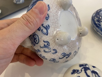 Two Chinese blue and white seal paste boxes and a tripod censer, 19/20th C.