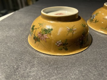 A pair of Chinese caf&eacute;-au-lait-ground famille rose 'grasshopper' bowls, Daoguang mark and of the period