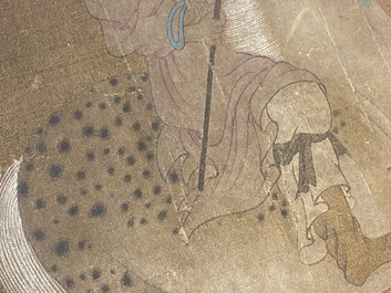 Chinese school: 'Two riders and eight horses', ink and colour on silk, probably Ming