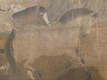 Chinese school: 'Two riders and eight horses', ink and colour on silk, probably Ming