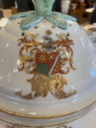 A Chinese Dutch market famille rose armorial tureen with pierced cover with the arms of 'de Heere', Qianlong