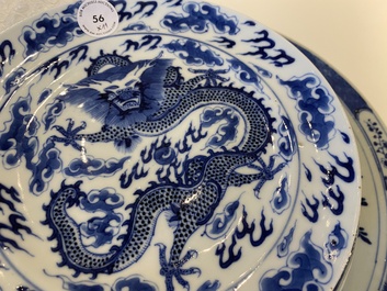 A Chinese blue and white dish and ten plates, 19th C.