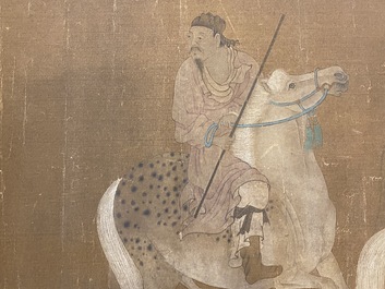 Chinese school: 'Two riders and eight horses', ink and colour on silk, probably Ming