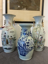 Two Chinese famille rose vases and a blue and white celadon vase, 19/20th C.