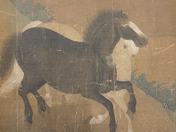 Chinese school: 'Two riders and eight horses', ink and colour on silk, probably Ming