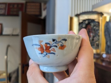 Six Chinese famille rose cups and saucers, an Imari-style teapot and a blue and white mug, Kangxi/Qianlong