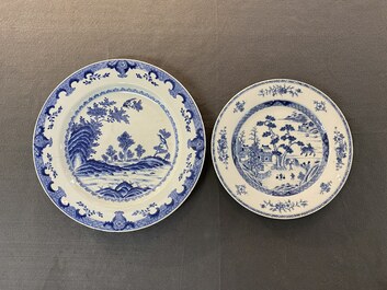 A Chinese blue and white dish and seven plates with flowers and landscapes, Kangxi/Qianlong