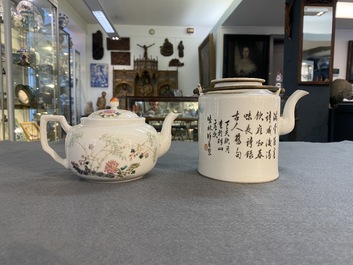 Een Chinese qianjiang cai theepot, gesigneerd Lin Jinshan 林謹善 en gedateerd 1887 en een famille rose theepot, Guangxu merk en periode