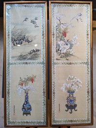 Wang Chengxun 王承勳 (19/20&egrave;me): 'Oiseaux et vases fleuris', encre et couleurs sur soie, R&eacute;publique