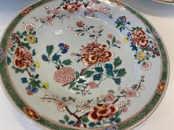 A Chinese famille rose dish and a pair of plates, Yongzheng