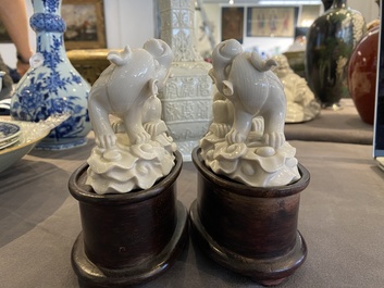 A pair of Chinese Dehua blanc de Chine models of xiezhi, probably Kangxi