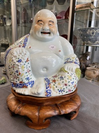 A Chinese famille rose Buddha figure on wooden stand, Zhu Mao Ji Zao 朱茂記造 mark, Republic