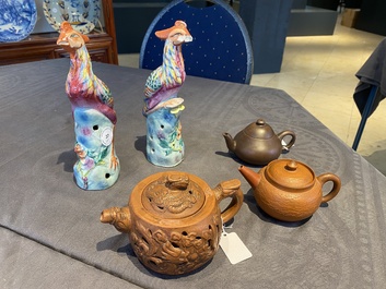 Three Chinese Yixing stoneware teapots with covers and a pair of famille rose pheasants, 19/20th C.