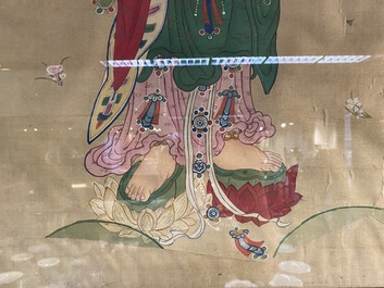 Chinese school: 'Three Buddhist goddesses', ink and colour on silk, 18th C.