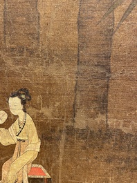 Chinese School: 'Lady and servant', ink and colour on silk, Ming