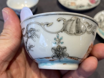 A pair of Chinese famille rose 'Valentine's doves' cups and saucers, Qianlong