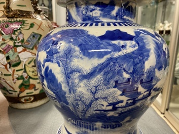 A pair of Chinese blue and white covered vases and a pair of Nanking famille rose vases, 19th C.