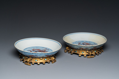 A pair of Chinese iron-red and underglaze-blue 'dragon' dishes, Qianlong mark and of the period