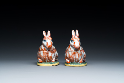 A pair of polychrome Dutch Delft 'hare' tureens and covers, 18th C.