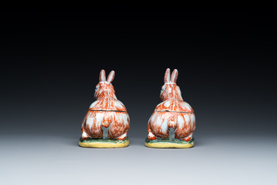 A pair of polychrome Dutch Delft 'hare' tureens and covers, 18th C.