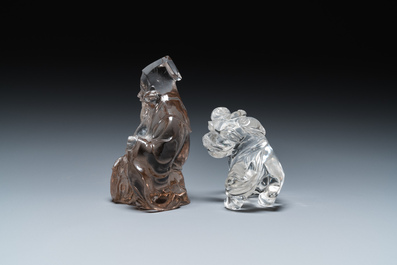 Two Chinese rock crystal sculptures of a sage with a turtle and of a Buddhist lion, 19th C.