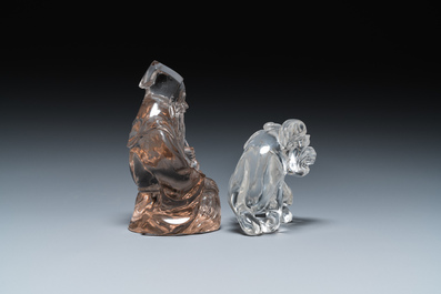 Two Chinese rock crystal sculptures of a sage with a turtle and of a Buddhist lion, 19th C.