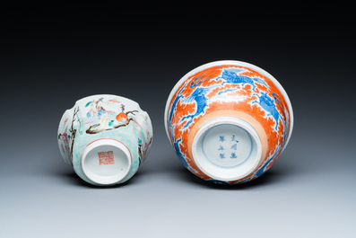 A Chinese blue, white and iron-red 'dragon' bowl and a famille rose 'immortals' bowl, Jiaqing and Wanli mark, 19th C.