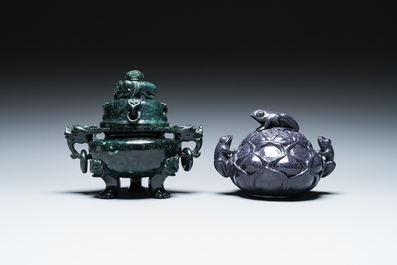 Two Chinese censers and covers in blue and green goldstone or aventurine quartz, 19/20th C.