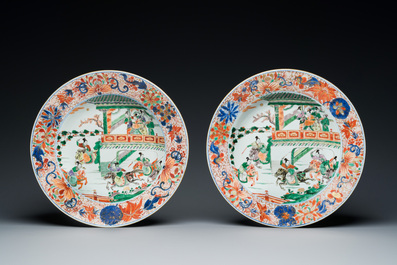 A pair of Chinese famille verte 'Emperor Yang' dishes, Kangxi