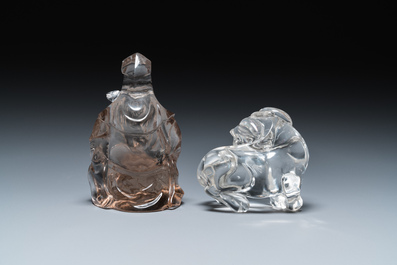 Two Chinese rock crystal sculptures of a sage with a turtle and of a Buddhist lion, 19th C.