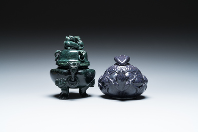 Two Chinese censers and covers in blue and green goldstone or aventurine quartz, 19/20th C.