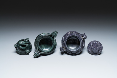 Two Chinese censers and covers in blue and green goldstone or aventurine quartz, 19/20th C.