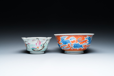 A Chinese blue, white and iron-red 'dragon' bowl and a famille rose 'immortals' bowl, Jiaqing and Wanli mark, 19th C.