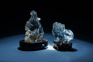 Two Chinese rock crystal sculptures of a sage with a turtle and of a Buddhist lion, 19th C.