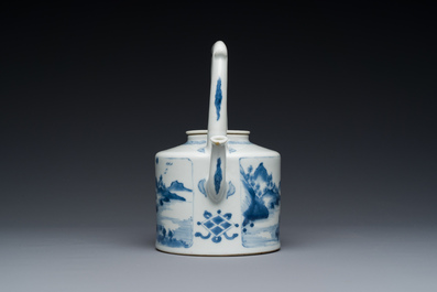 A Chinese blue and white teapot with a fine landscape, Chenghua mark, Kangxi