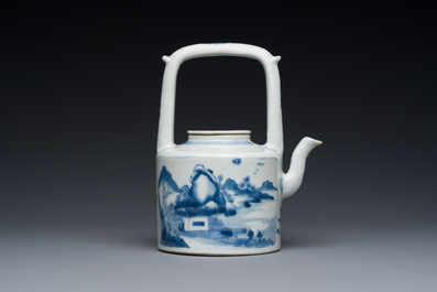 A Chinese blue and white teapot with a fine landscape, Chenghua mark, Kangxi