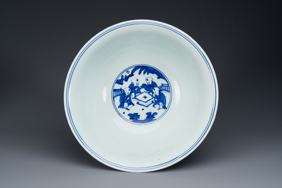 A rare large Chinese blue and white '100 boys' bowl, Jiajing mark and of the period