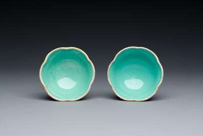 A pair of rare Chinese famille rose lotus-shaped stem cups, Yongzheng