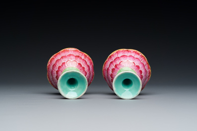 A pair of rare Chinese famille rose lotus-shaped stem cups, Yongzheng