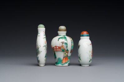 Three Chinese famille rose and verte snuff bottles, 19th C.
