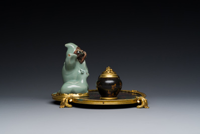 A French lacquered and painted wood, gilt bronze and Japanese celadon porcelain inkwell desk set, late 18th C.