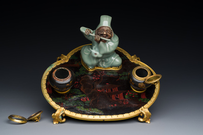 A French lacquered and painted wood, gilt bronze and Japanese celadon porcelain inkwell desk set, late 18th C.