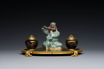 A French lacquered and painted wood, gilt bronze and Japanese celadon porcelain inkwell desk set, late 18th C.