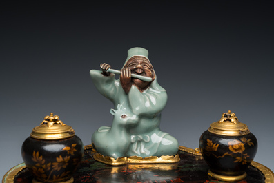 A French lacquered and painted wood, gilt bronze and Japanese celadon porcelain inkwell desk set, late 18th C.