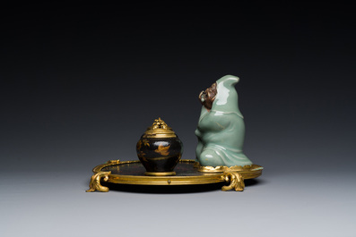 A French lacquered and painted wood, gilt bronze and Japanese celadon porcelain inkwell desk set, late 18th C.