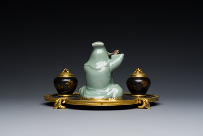 A French lacquered and painted wood, gilt bronze and Japanese celadon porcelain inkwell desk set, late 18th C.