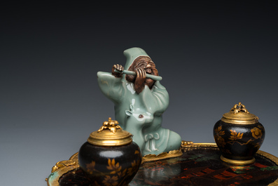 A French lacquered and painted wood, gilt bronze and Japanese celadon porcelain inkwell desk set, late 18th C.