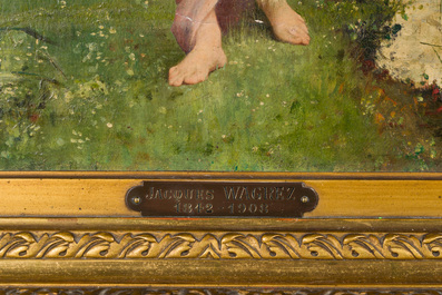 Jacques-Cl&eacute;ment Wagrez (Ecole fran&ccedil;aise, 1850-1908): 'Jeune femme &agrave; la guirlande', huile sur toile, dat&eacute;e 1881